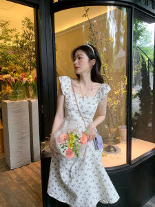 Summer Chic Beautiful Square Collar Flying Sleeve Floral Dress Womens Stylish Niche Style High Waist A- line Skirt Small