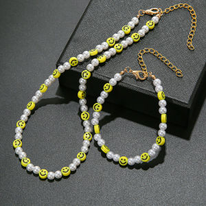 Funny Pearl Smiling Face Necklace Bracelet for Women Men Vitality Colorful Smile Beaded Choker Accessories Fashion Jewelry Sets