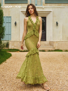 Lace Halter Olive Green Long Dress