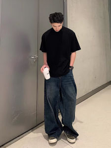 เสื้อยืดคอกลมแขนสั้นผ้าฝ้ายแท้สำหรับผู้ชาย สีดำ ทรงหลวม ระบายอากาศได้ดี ฤดูร้อน 2024 แบรนด์แฟชั่นสำหรับวัยรุ่น