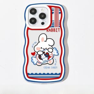 Cute Cartoon Rabbit Silicone Phone Case with Stand And Loop Full Cover Wave Edge for Apple 14 pro Max iPhone 13 12 11 pro 7 8 plus