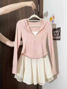 Pink Ice Silk Womens Sportswear Yoga Top Slim Fit Waistcoat Short Length Sun Protection Outerwear Fashionable Commute Style