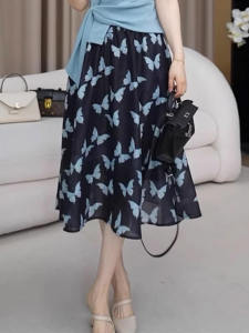 Shalldoer | Korean Style Butterfly Print A-Line Midi Skirt Womens Summer New High Waist Slimming Skirts Casual Style Solid Color Short Sleeve