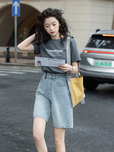 Casual Pure Cotton Short Sleeve T-Shirt Womens Summer New Style Loose Fit Grey Printed Korean Version Commute Style Top