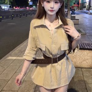 French Vintage Loose Long Sleeve Shirt Casual Pocket Design Elegant plus Size Waist Cinched Slimming Top Commute Style Polyester