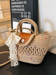 Rustic Pearled Buckle Woven Handbag Beach Vacation Style Basket Bag Single Shoulder Bucket Shape Soft Natural Material Large Size