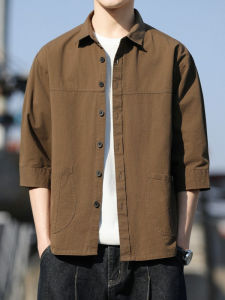 Summer 2025 Mens Pure Cotton 7/8 Sleeve Casual Work Shirt Loose Fit Classic Style Button Closure Solid Color Youth Fashion