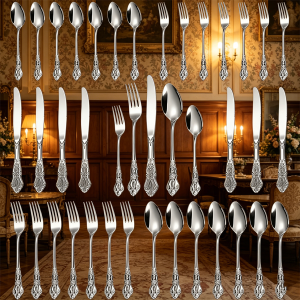 40pcs Elegant Silver Cutlery Set Features Stainless Steel Openwork Handles and Includes Forks Spoons and Knives. Perfect for W