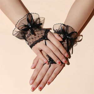 Gothic Short Black Gloves Female Harajuku Lace Bridal Wedding Halloween Costume Mesh Bow Hand Sleeves