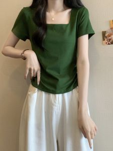 Square Collar Shoulder Short-Sleeved T-shirt Womens Summer New Arrival Plus Size Plus Size Ladies Silm European Goods Best Selling Small Shirt Irregular Top