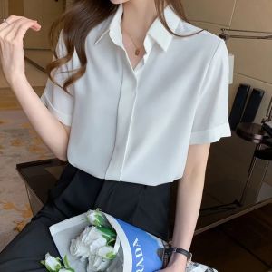 Womens Pure Color Short Sleeve Shirt Thin Classic Design Commute Simple Work Uniform Unique Top Korean Style Straight Cut