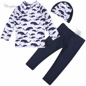 Swimming Outfit for Kids Boys Rash Guards for Child with Whales Pattern Kids Long Sleeve Sandy Wear Two Pieces Swimwear for 2-10 Y Children Swimsuit with Swim Cap