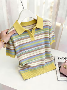 Shalldoer | Stripe Contrast Polo Neck Short Sleeve Knitwear for Plus Size