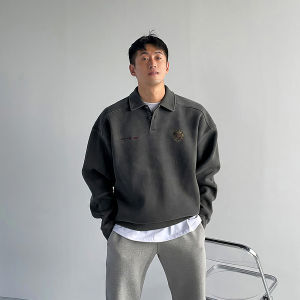 DAVID&ME | Retro Washed Embroidered Patchwork Polo-style Sweatshirt