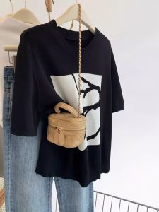 Loose Knitted Short Sleeve round Neck T-Shirt plus Size Womens Fashionable Summer Top Cover Belly Knitwear Casual Commute Style