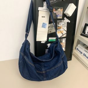 2024 New Denim Shoulder Bag Womens Wide Strap Retro Fashion Versatile Single Shoulder Bag College Students Commuting Casual Crossbody Bag