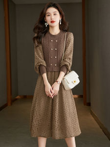Fashionable Autumn Two-Tone Fake Two-Piece Mid-Length Dress