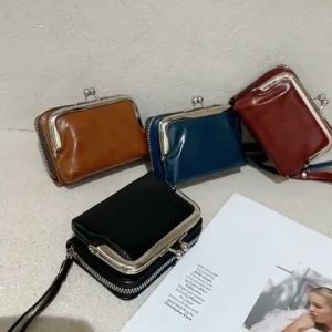 Kiss Lock Coin Purse Womens Stylish Zipper Small Wallet With Multi Card Slots Artificial Leather Small Storage Bag With Wristlet