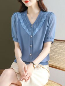 Ice Silk Short Sleeve T-shirt for Women Loose V-neck Summer Style Ruffled Commuting Woolen Fabric Buttoned Pullover