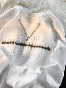 American Style White Hoodless Sweatshirt Mens round Neck Spring New Arrival Heavyweight Couples Outerwear Casual Loose Fit