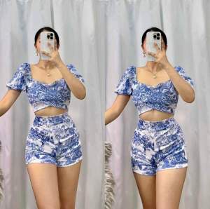 AlexaPuff terno summer outfit Knitted fabric Freesize small upto semi large model height 5’2 Flat