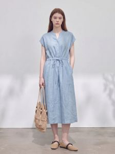 GULILI | Blue Cord Drawstring Linen Sleeve Short Dress