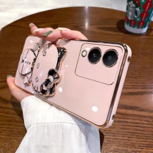 Applicable to vivoY33T mobile phone case electroplated KT cat bracket makeup mirror Y17S silicone soft case protective cover h2607069