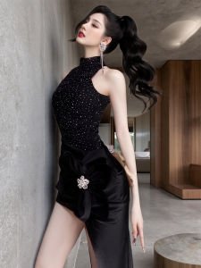 Elegant Noble Style Black French Luxury 3D Flower Lace Dress