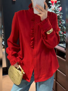 DANTING | Slim Fitting Stylish Red Blouse Long Sleeve Stand-up Collar