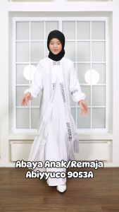 Abiyyuco TA9053A | Abaya Turki Hitam dan Putih Anak Perempuan Baju Gamis Turkey Remaja Tanggung Bahan Jersey mix Ceruty Dengan Mote Dan Bordir Mewah