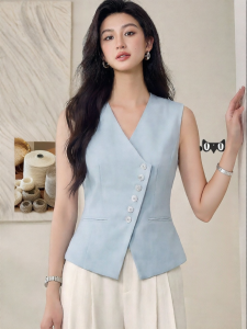 Roey s house | Formal Professional Light Blue Linen Vest Summer Elegance V-Neck Slim-fit