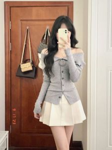 Gray Shoulder Bared Knitted Sweater Womens Slim Fit Long Sleeve Turn down Collar Top Korean Style Polyester Fiber Casual Wear
