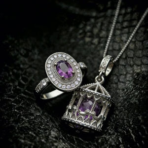 Purple Crystal Ring & Cage Pendant Set – Elegant Jewelry for Women
