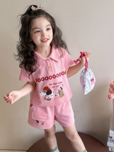 Girls Summer Outfit Set 2025 New Cartoon Short Sleeve Polo Shirt Thin Half Sleeve Shorts Two Piece Set Childrens Clothing