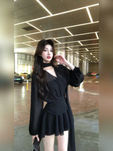 French Black Sash Chiffon Long Sleeve Dress Womens Summer Elegantly Waist Cinched A-Line Mini Skirt Very Attractive Dress