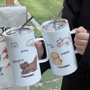 Portable Large Capacity Straw Cup with Handle for Office Coffee Drinking Sport Water Cup Cute Style Stainless Steel 600ml