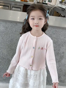 3 Colors Girls Korean Knitted Cardigan Sweater Cartoon Jacket Childrens Long Sleeve Top 5-15 Yrs