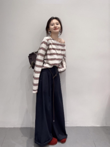 VKSOD | Slanted Shoulder Loose Retro Stripe T-shirt & Wide Leg Pants
