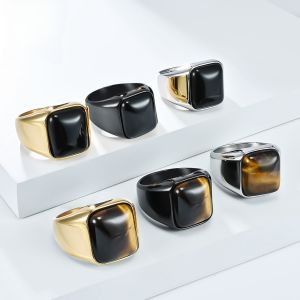 Kemstone Mens Square Tiger Eye Ring Stainless Steel Fashion Jewelry Polished Natural Gemstone