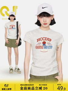 American Style Grey Letter Print Shoulder Length Short Sleeve T-Shirt Womens Summer New Slim Fit Short Style Small Top