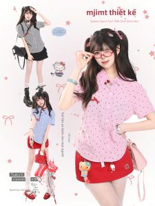 Áo Sơ Mi Ngắn Tay Chấm Bi Caro Ngọt Ngào Dây Đai Ép Dáng Mùa Hè