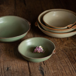 Retro Thick Earthenware Microwave Oven Baking Tray Breakfast Plate Dessert Bowl Tea Snack Plate Yellow Green Dual Ear Dish