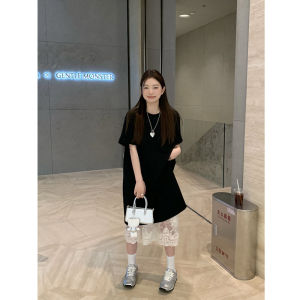 INS Fashion Outfit Skirt Female Summer Fart Curtain Lace Skirt Bandage Dress Loose Long Short-Sleeved T-shirt Dress Two-piece Set