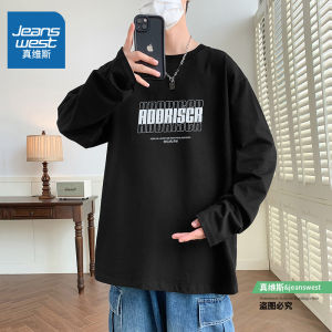 เสื้อยืดคอกลมแขนยาวผ้าฝ้ายแท้ Jeanswest สำหรับผู้ชาย ทรงหลวม แฟชั่นฤดูใบไม้ผลิและฤดูใบไม้ร่วง สีดำ 2024 รุ่นใหม่