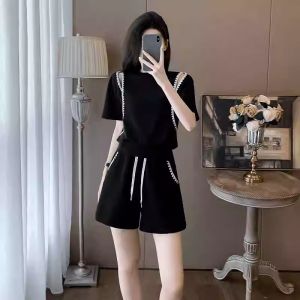 Internet Celebrity Athleisure Suit Womens Summer Loose Fashion Western Style Youthful-Looking Fried Street off-the-Shoulder Short Sleeve Shorts Two-piece Set