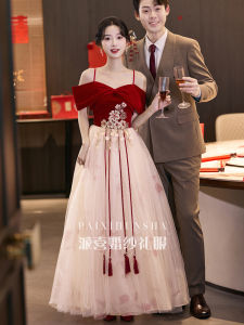 Red Wedding Dress One Shoulder Slimming plus Size Korean Style Flower Embroidery Long Skirt Wedding Reception Ceremony Dress