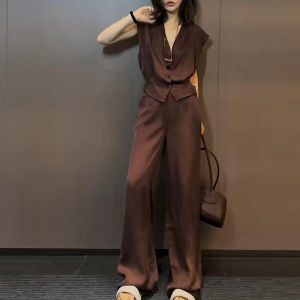 Shalldoer | Fashionable High Waist Wide Leg Pants Vest Set Womens Commute Casual Two Piece Suit V Neck Short Sleeve Long Pants
