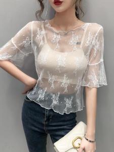 Áo Thun Nữ Tay Ngắn Ren Khoét Rỗng Áo Thun Nữ Lót Trong Suốt Thời Trang Mùa Hè 2025 Áo Sơ Mi Ren Khoét Rỗng Lưới Nhẹ