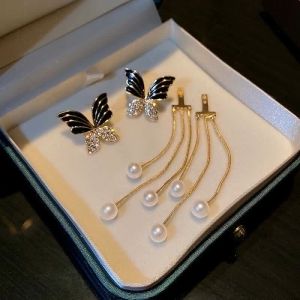 Multi-Wear Black Butterfly Earrings Long Tassel Pearl Earrings Accessories for Sweet Girls