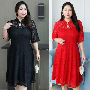 Red Wedding Dress for plus Size Mom 300 Pounds Large Lace Qipao Style Slimming Black Mini Dress Polyester Fabric Commute Style